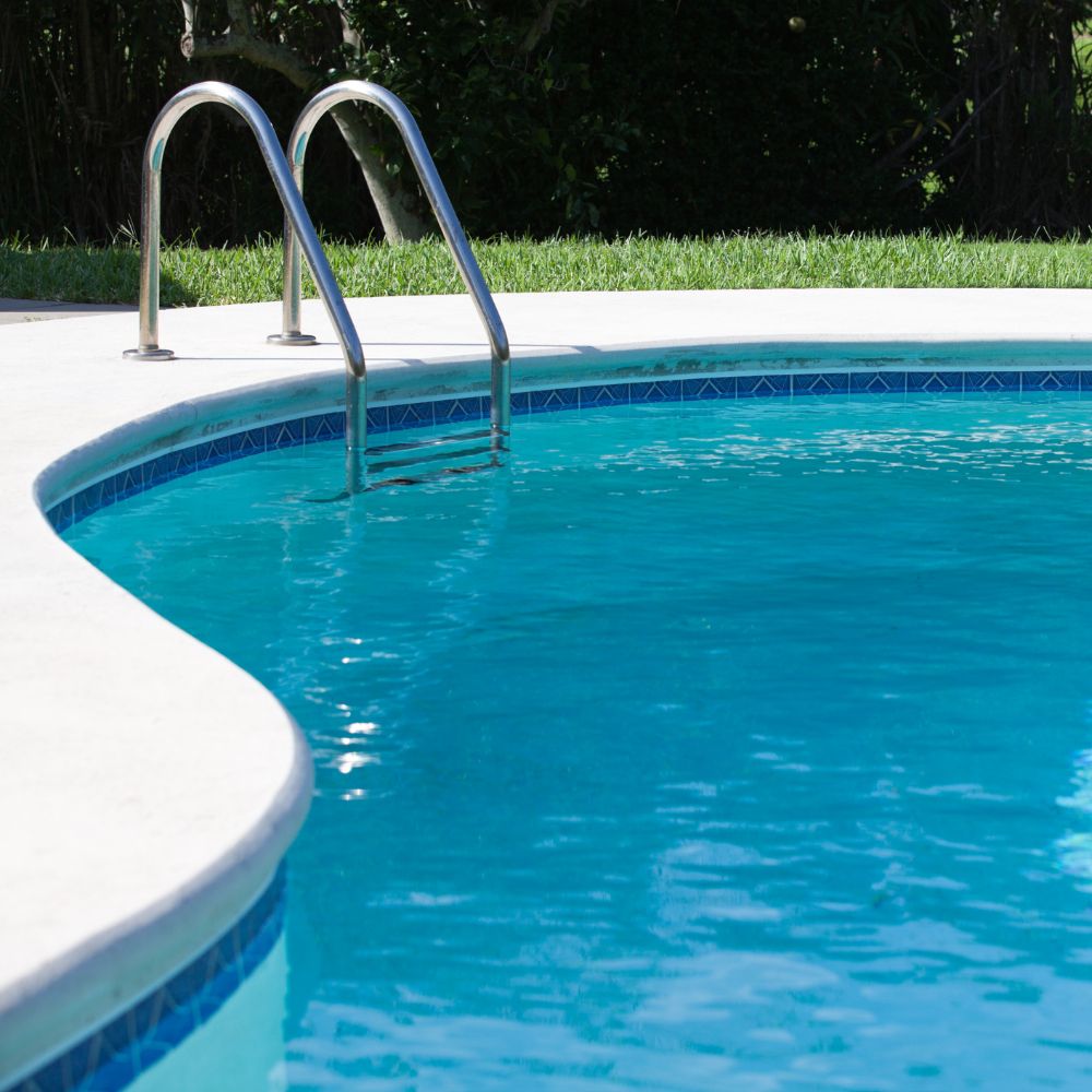 Curved swimming pool in grassy backyard